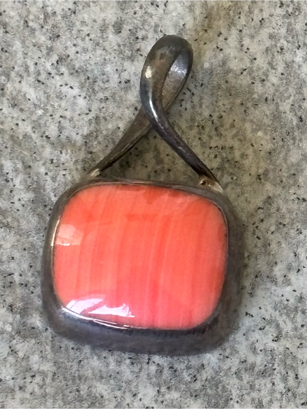 .925 Sterling Silver Coral/Pink SQUARE PENDANT Vintage Fine Jewelry 1990’s